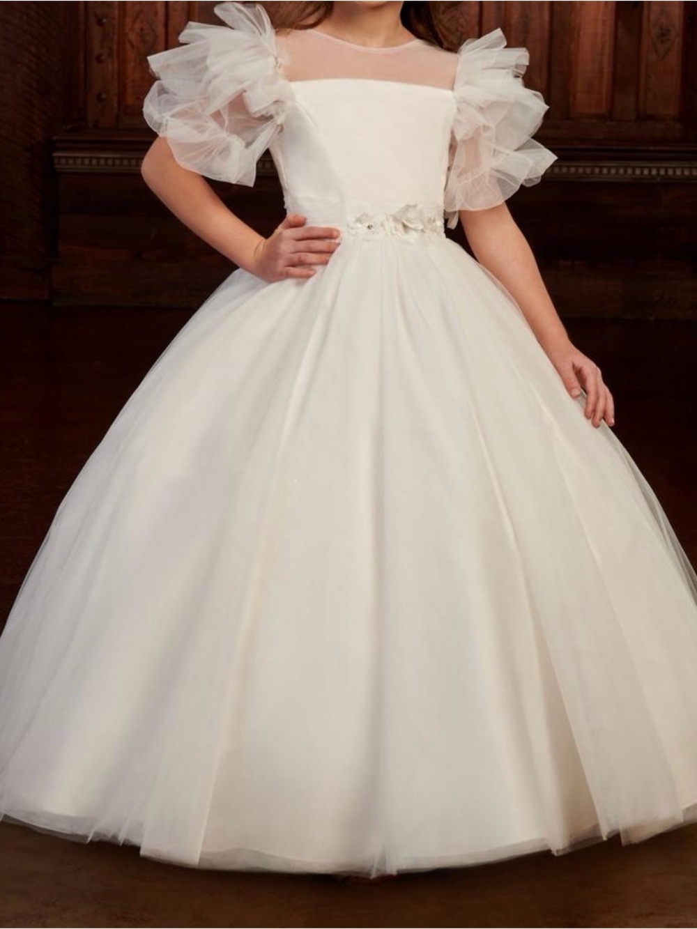Rachel Allan Ivory Tulle Ballgown Flower Sash Girls Formal Dress